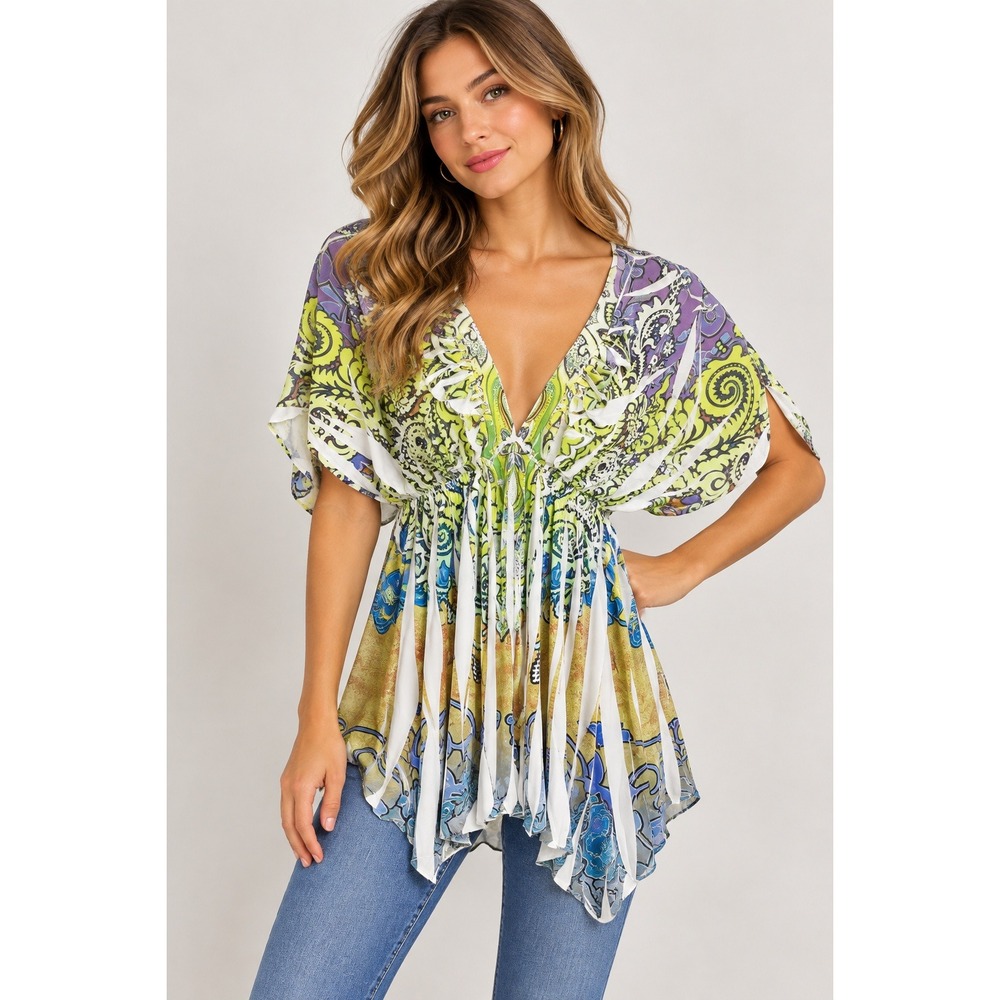 Vintage Y2K Voll Babydoll Tunic Top Womens Small Paisley Asymmetric BOHO Artsy